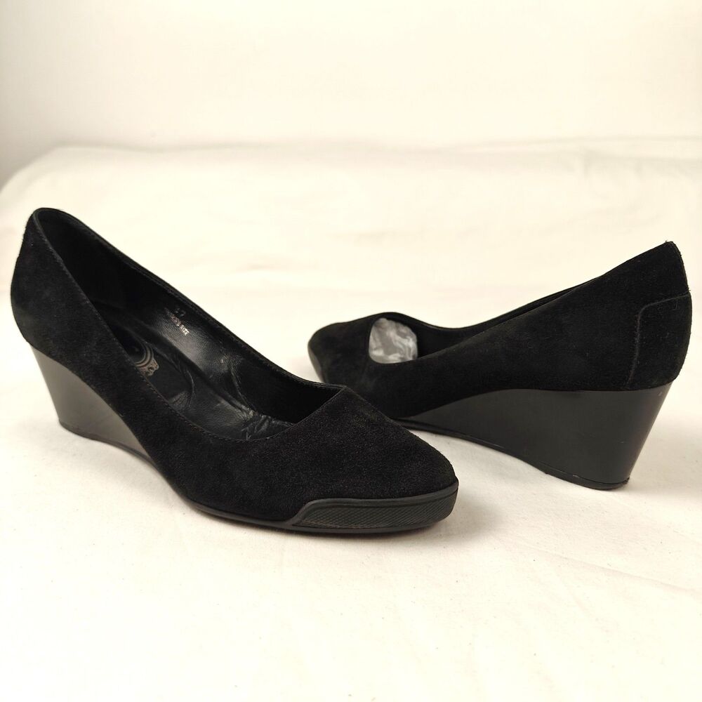 Tod’s Zeppa Decolette Women’s Wedge Pump Sz 37 Black Suede Patent Leather Heel